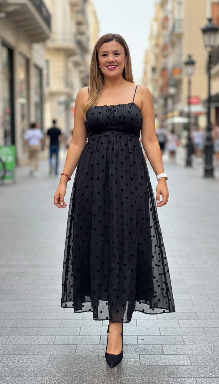 Vestido Negro de Tirantes Estampado Polka Dots en Negro